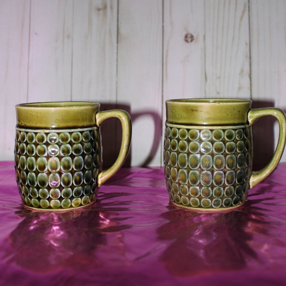 Vintage Honeycomb Hexagon Pattern Mugs, Green Ceramic Mug, Made in Japan